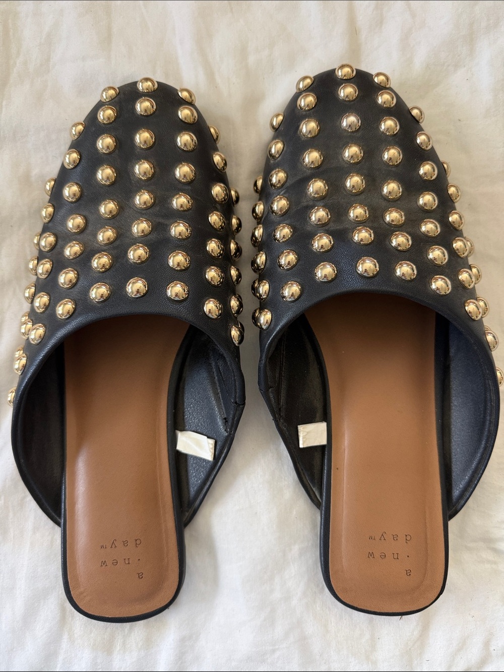a new day Black Slide Mules with Gold Studs